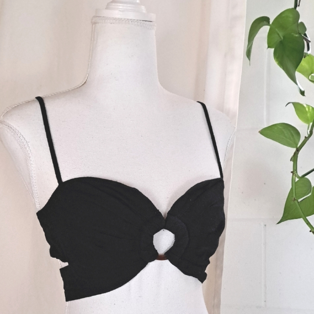 7 For All Mankind Black Linen Blend Cutout Wrap Bralette Top SzXS